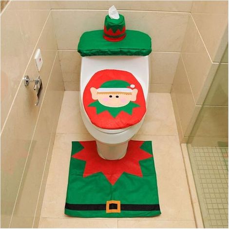 3 pièces Couverture de Siège de Toilette de Noël Décorations Noël Housse pour abattant de WC pour réservoir et Tapis de Salle de Bain Set de décoration,décoration de fête(Elfe de Noël) (1/5)