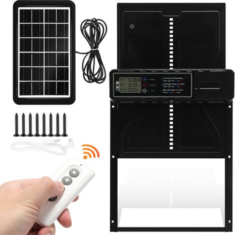 Jiubiaz Automatische Hühnerklappe Solar mit Timer, Fernbedienung, LCD Display & Einklemmschutz, 2000mAh Akku, USB, Schwarz (1/5)