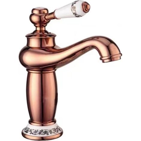 Robinet de salle de bain en laiton, monotrou, bec bas, robinet de lavabo à poignée uniquerobinet uniquerobinet de bassin d'eau froide/chaude (or rose) (1/5)