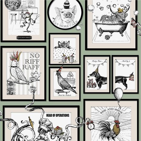 Madhouse Sage Green Novelty Wallpaper Animal Picture Frames Paste The Paper (1/4)