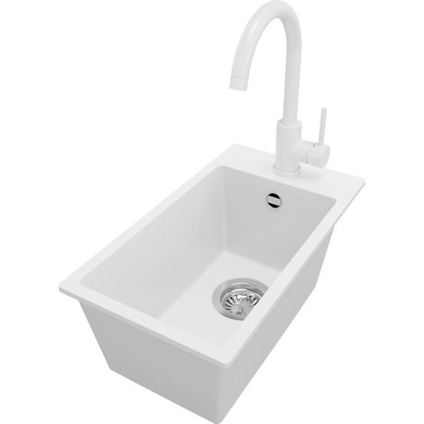 PRIMAGRAN Evier Cuisine en Granit 28x50cm, Lavabo 1 bac + Robinet 32x20cm + Kit de Vidage, Évier à Encastrer au meuble 30cm - Riga, Blanc (1/5)