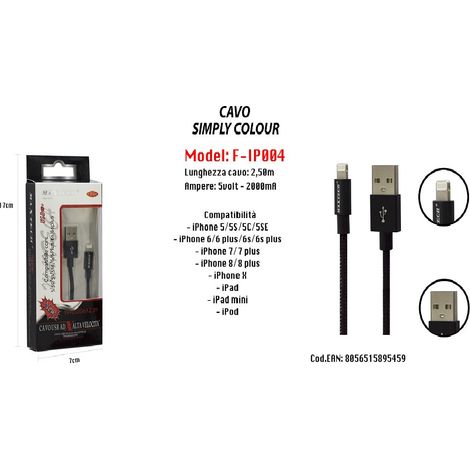Câble Couleur Pour Iphone Ipad Ipod 5volt - 2000ma 2.50mt Maxtech F-ip004 (1/2)