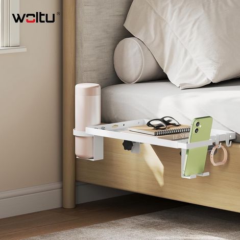 WOLTU Comodino Sospeso per Letto Sospeso, con Canaline, Portabicchiere e Supporto per Cellulare, Bianco