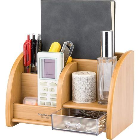 Bamboo Desk Organizer, Desk Storage with 5 Compartments, Wooden Pen Holder for Desk with Drawer, Practical Stationery Locker for Organized Office for Home, School