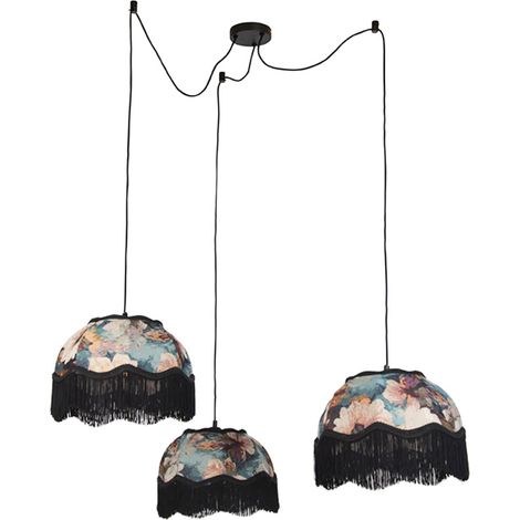 QAZQA Pendant Lamp Black with Floral Shade and White Interior