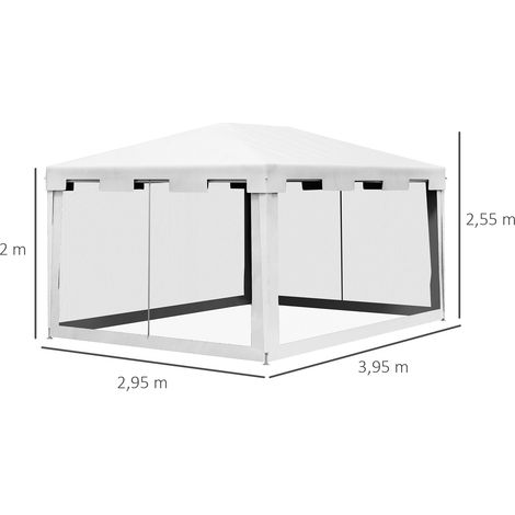Pavillon de réception 4x3m avec parois latérales en filet pour balcon ou terrasse, chapiteau en métal et PE blanc (1/5)