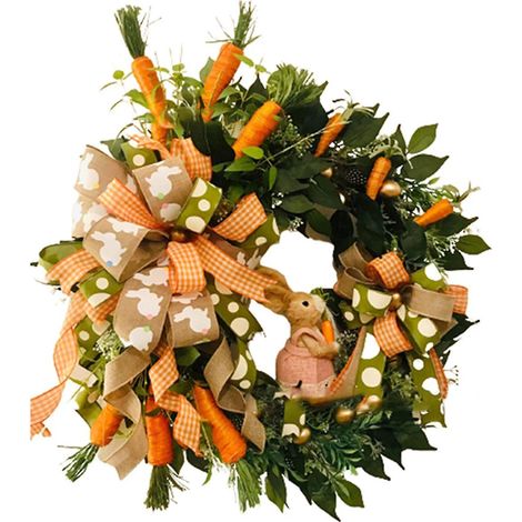 Couronne de Pâques avec lapin mignon, œuf doré, plantes artificielles et carottes, 1 pièce, orange (1/5)