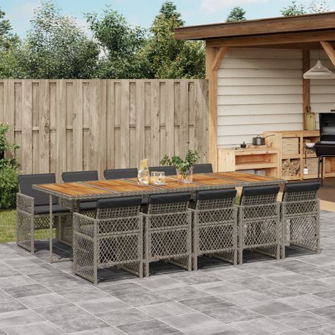 Set de comedor de jardín 11 pzas y cojines ratán sintético gris vidaXL