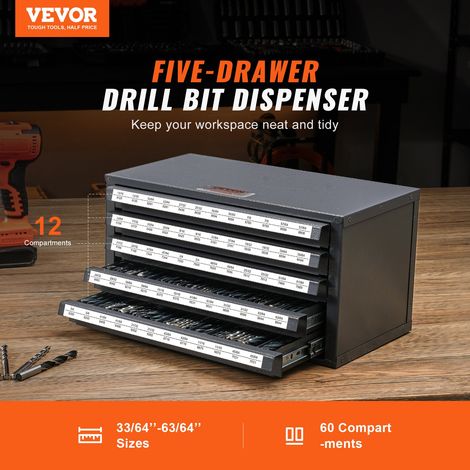 Distributeur de Forets 60 Compartiments Étiquetés 33/64 à 63/64 po Boîte de Rangement pour Forets 5 Tiroirs Coffret Vide 37,5x20x20… (1/5)