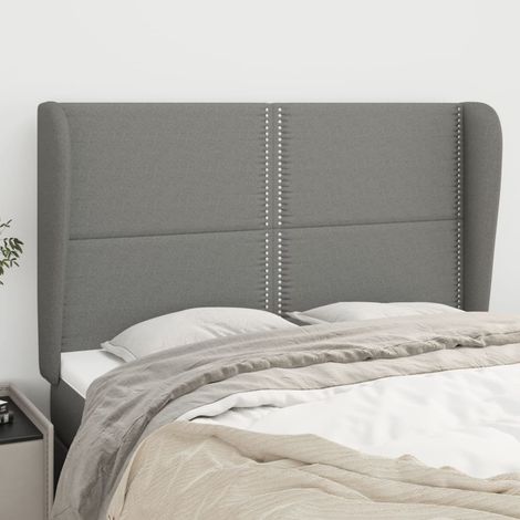 Tête lit de avec oreilles pour lit double, Cadre de lit, Tableau décoratif de chevet Gris foncé 147x23x118/128 cm Tissu CDE42367 (1/5)