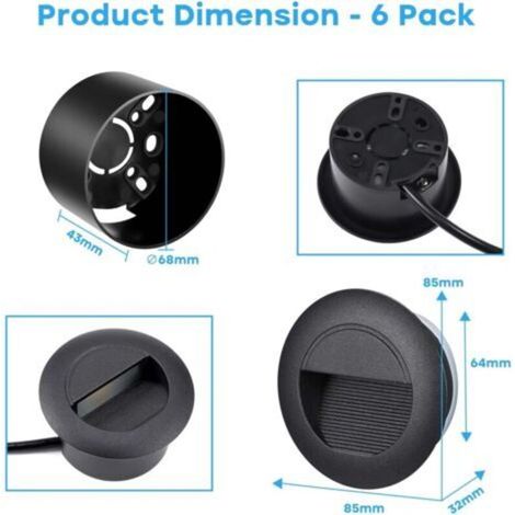 6 Pack Eclairage D'escalier 3W 500lm, Luminaire LED 230V 3000K, Rond 85x85mm, IP65 Applique Encastrée, Luminaire D'escalier pour Escalier Mural, Douilles Encastrées 68mm, Aluminium Noir