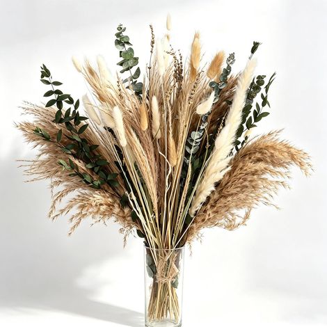 100 Pcs Herbe de Pampas Séchées Brun Beige, Ensemble de Décoration de Pampa Séchée et Fleurs Séchées de Queues de Lapin, Naturelle Décoration Boho pour Maison, Table, Mariage, Fête (1/5)