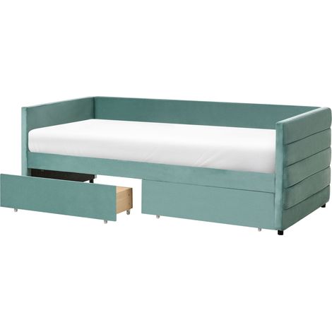 Lit Gigogne Glamour en Velours 90 x 200 cm Matelassé avec Tiroirs 3 Pieds Vert Menthe Marray