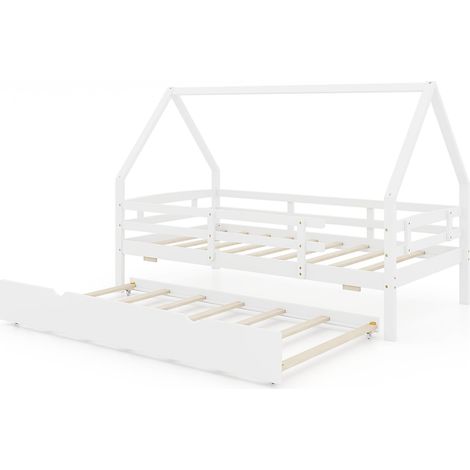 COSTWAY Kids House Bed Wooden Platform Bed with Full Length Safety Guardrails (1/5)