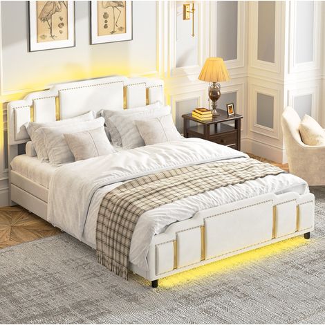 Letto matrimoniale 140x200 cm beige in velluto con LED, 4 cassetti e dettagli dorati (1/5)