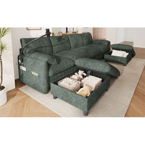 Sofá modular de 6 plazas (273.5x133x81 cm), en forma L o U, con 2 pufs con almacenaje, chenilla verde (1/5)