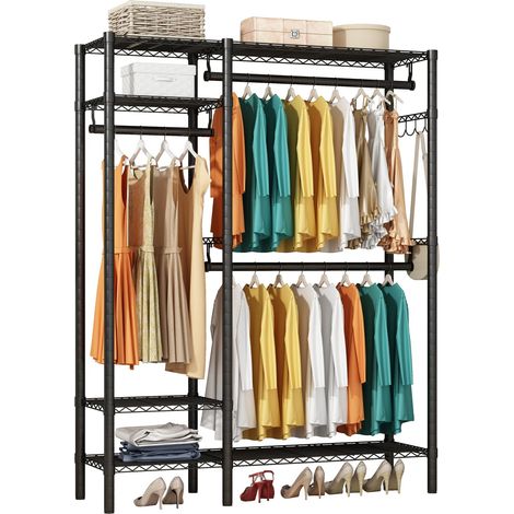 Portant à vêtements robuste en métal avec 3 tringles de suspension, étagère de rangement réglable sur pied avec 4 étagères pour manteaux, sacs, chaussures (1/5)