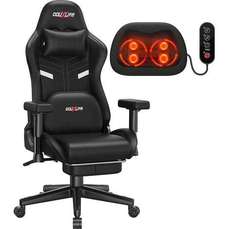 Gaming-Stuhl, ergonomisch Bürostuhl mit Knetmassage- und Heizfunktion, hoher Rückenlehne, Lendenwirbelstütze mit Fußstütze, gepolsterte 2D-Armlehnen verstellbar,-Schwarz