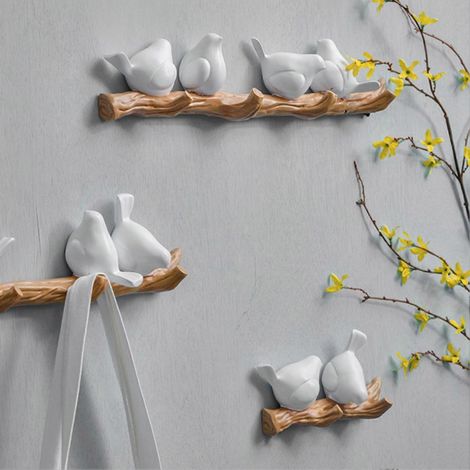 Wandhaken aus Kunstharz mit Vogelmotiv auf einem Ast – Landhausstil – für Jacken und Schlüssel (1/4)