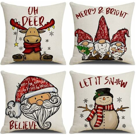 Pr Housse de Coussin Noel 45x45cm, Lot de 4 Noël Décoratif Canapé en Coton et Lin Noël pour Canapé Lit Chambre Chaise Jardin-Rétro Noël (1/5)