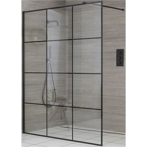 Milano Barq 760mm Black Recessed Walk In Wet Room Shower Enclosure with Grid Pattern Screen and Support Arm - 250mm Stainless Steel Tile Insert Corner Drain (1/5)