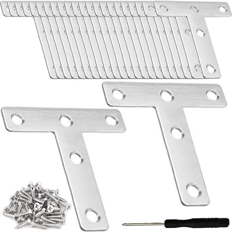 Lot de 24 supports en forme de T pour planche en bois, plaques de jonction plates, support de fixation de panneau pour fenêtre, clôture, table, lit, bibliothèque, 80 x 80 mm, argenté (1/5)