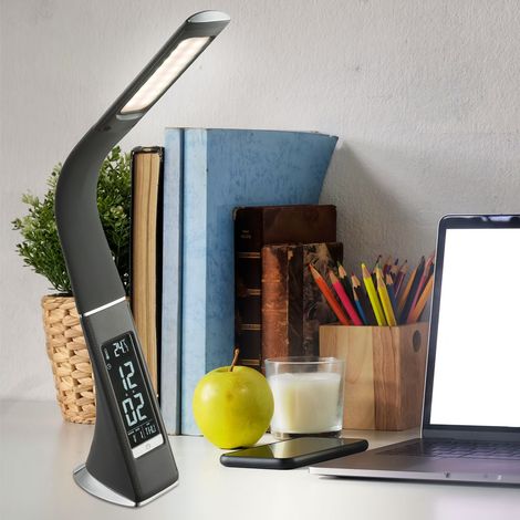LED Tischleuchte mit Uhr Schreibtischlampe Nachttischleuchte flexible Leselampe Tischlampe dimmbar, Kalender Wecker Thermometer, 6,5W 260lm warmweiß-kaltweiß, LxH 25 x 50 cm