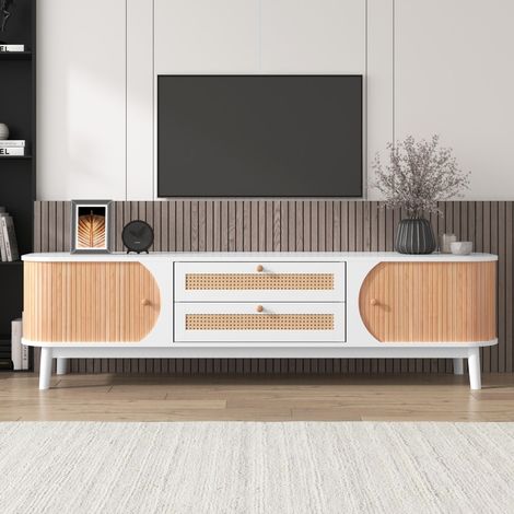 Meuble TV blanc style campagne avec portes en bois et tiroirs en rotin - Rangement fonctionnel - Dimensions 170x46 cm (1/5)