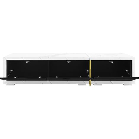 Meuble TV modulable avec finition effet marbre blanc, laqué noir mat et décorations dorées, longueur 140-260 cm (1/5)
