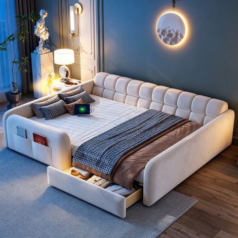 Lit enfant rembourré 140x200 cm avec tiroir de rangement, veilleuse, USB et USB-C, garde-corps, tête de lit canapé, sommier à lattes, velours beige (1/5)