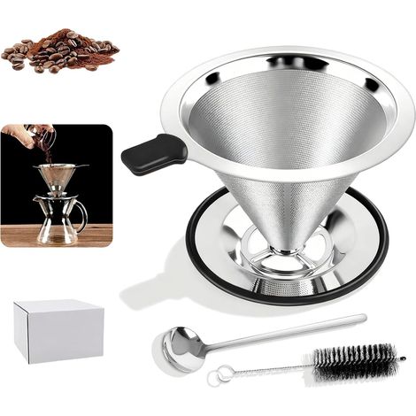 Stainless Steel Coffee Filter with Cleaning Brush and Spoon, Permanent Filter with Base, Reusable Coffee Filters, 600 Mesh Paperless Coffee Filters, for Manual Coffee Preparation (1/5)