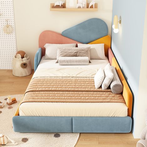 Lit enfant rembourré 140x200cm avec barrières latérales,lit au sol multicolore avec tête de lit douce,velours,bleu+rose +orange (1/5)