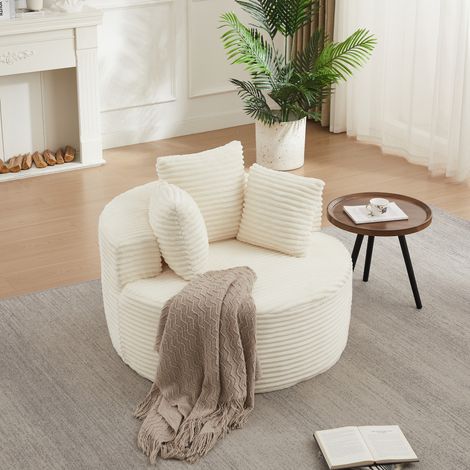 Poltrona rotonda in velluto a coste Ø110 cm con 3 cuscini e braccioli ampi beige HAVRYA (1/5)