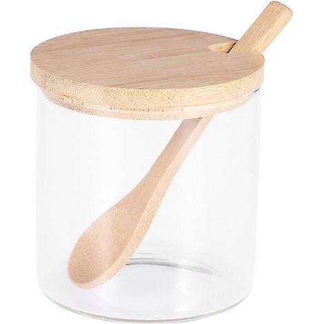Pots à épices en verre, pot à sucre, récipient de conservation des aliments avec couvercle en bambou et cuillère en bois pour servir le thé, le café et les épices.