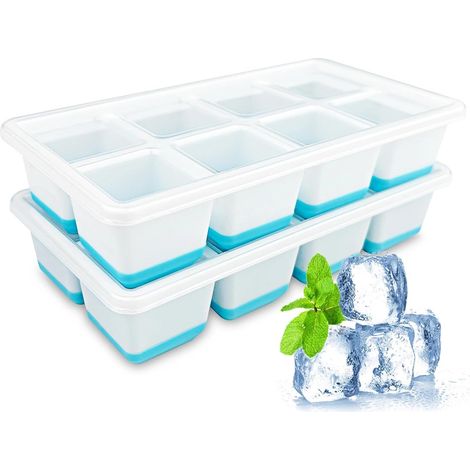 2 Pièces Bac a Glacon avec Couvercle, Glacons Moule, Bacs à Glaçons, Plaque Carré Ice Cube Tray Moules, pour Nourriture Bébé, Whisky, Boissons, Congélateur, Faciles à Retirer, Sans BPA - Bleu (1/5)