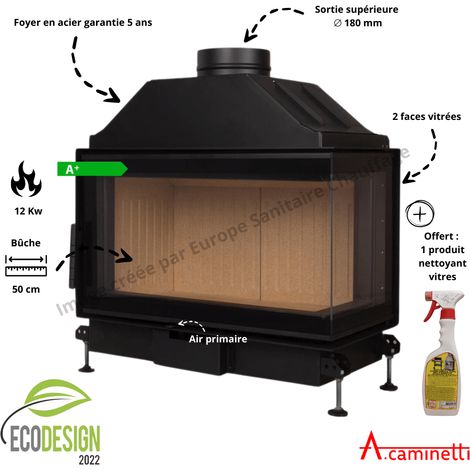 A Caminetti – Foyer bois Quattro 70 R Open Side – Puissance 7-12 kW – Rendement 75% – Diamètre évacuation 180 mm – Poids 86 kg – Vitre céramique résistante 800°C