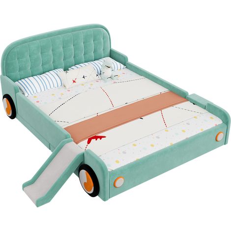 Letto auto imbottito in velluto blu verde con rampa e scala, montaggio sinistro o destro, rete 140x200 cm per bambini e ragazzi - CHICFURN (1/5)