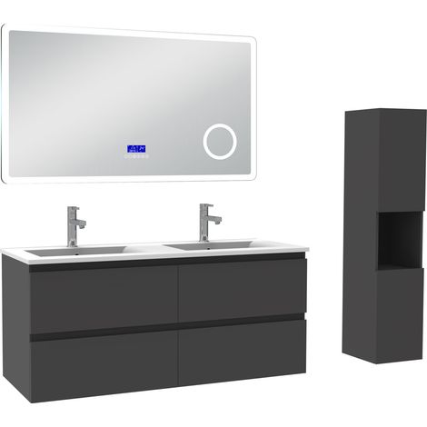 Ocean ensemble meuble 120 cm anthracite avec 4 tiroirs à fermeture automatique, lavabo céramique + miroir salle de bain Bluetooth tricolore + colonne haute, suspendu