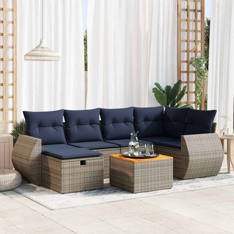 Set de sofás de jardín 7 pzas con cojines ratán sintético gris vidaXL (1/5)