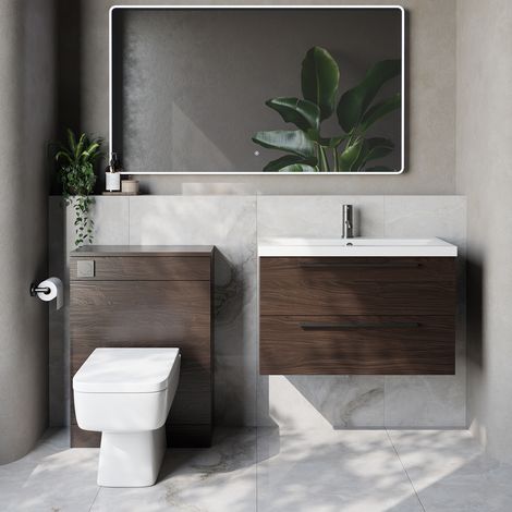 Napoli 390 Cento Brown Oak 1400mm Wall Mounted 2 Drawer Vanity Unit and Toilet Suite with Glide Basin - 1400mm - Gunmetal Grey 480mm HandleWith Kingston Toilet Pan and Seat