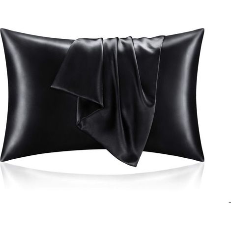 Taie d'oreiller en satin de soie pour cheveux et peau, lot de 2 taies d'oreiller noires de taille standard, taie d'oreiller ultr (1/5)