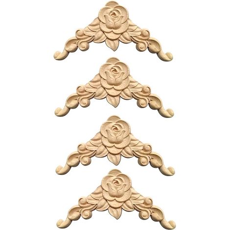 Moulure Decorative Bois - Rosace Angulaire Sculptée en Bois Naturel - Pour Meubles Anciens Miroirs Armoires Portes - Lot de 4 Pièces