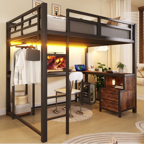 Lit mezzanine 140x200 cm en métal noir avec bureau, pour studio, sans matelas – MEUBLIV (1/5)