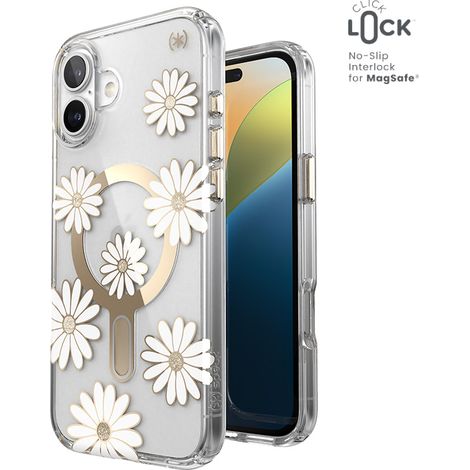 Funda Speck Presidio Lux ClickLock y MagSafe para iPhone 16 Plus (Margaritas soleadas / Transparente / Dorado) (1/5)