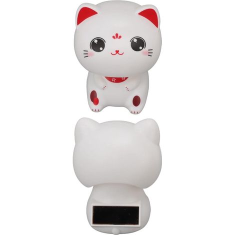 Figurine Chat Porte-Bonheur - Chat à Tête Hochante - Décoration Voiture - Alimentation Solaire - 11 cm de Hauteur - Blanc (1/5)