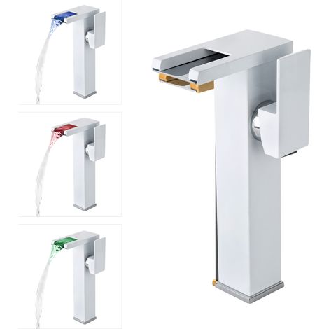 Robinet LED (bleu, vert, rouge), robinet de lavabo G3/8, robinet cascade, robinet de lavabo haut, mitigeur, blanc (1/5)
