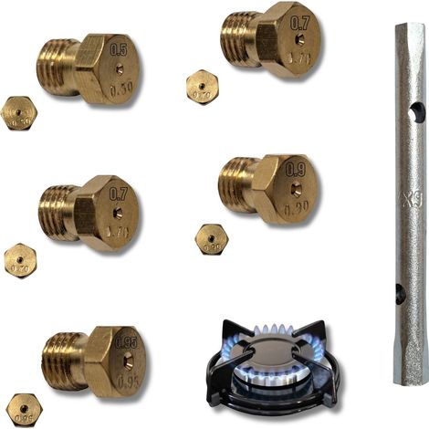 Set 5 Ugelli Ricambio per Gas in Ottone per Metano Gas di Città Cucina Con Chiave a Tubo
