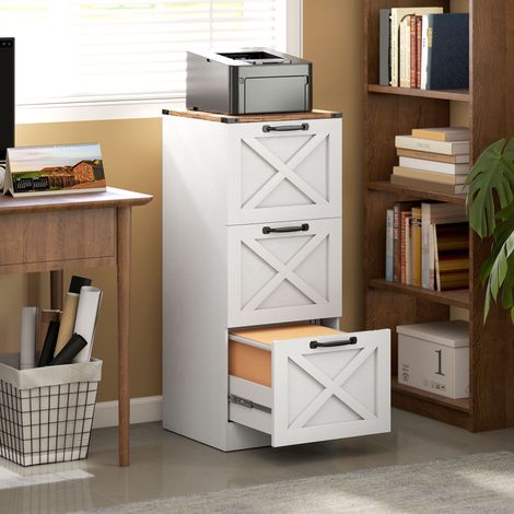 Caisson de Bureau avec 3 Tiroirs, Dossiers Suspendus pour Formats Lettre/A4, Style Rustique, 40x40x101cm, Blanc (1/5)