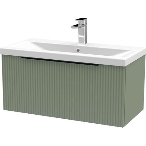 Fluted Front Wall Hung 1-Drawer Bathroom Vanity Unit with 1 Tap Hole Basin, 800mm, Satin Green, Black Handles (1/5)