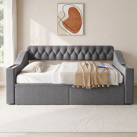 Cama tapizada 90x190 cm gris oscuro con almacenamiento y puertos USB y Type-C (1/5)